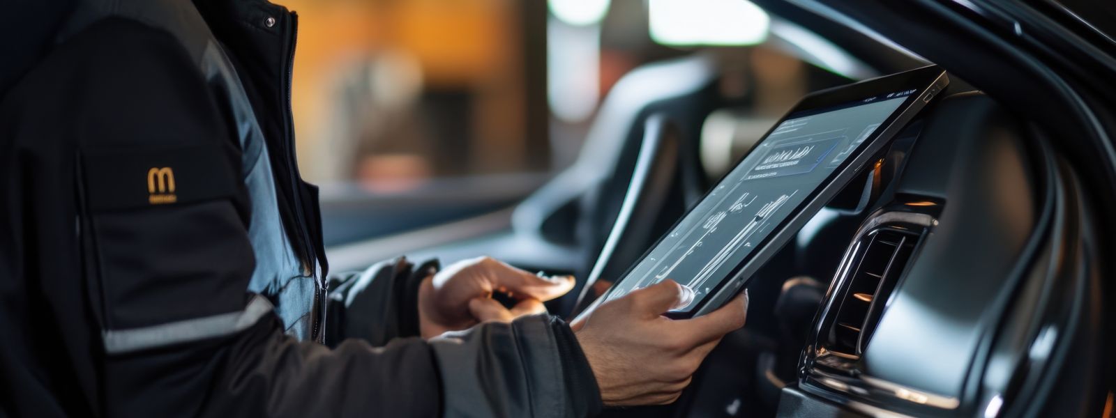 Fahrer nutzt ein Tablet im Fahrzeug zur digitalen Arbeitsunterstützung bei Wartungsarbeiten
