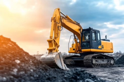Schwere Baumaschine beim Ausheben von Erde auf einer Baustelle