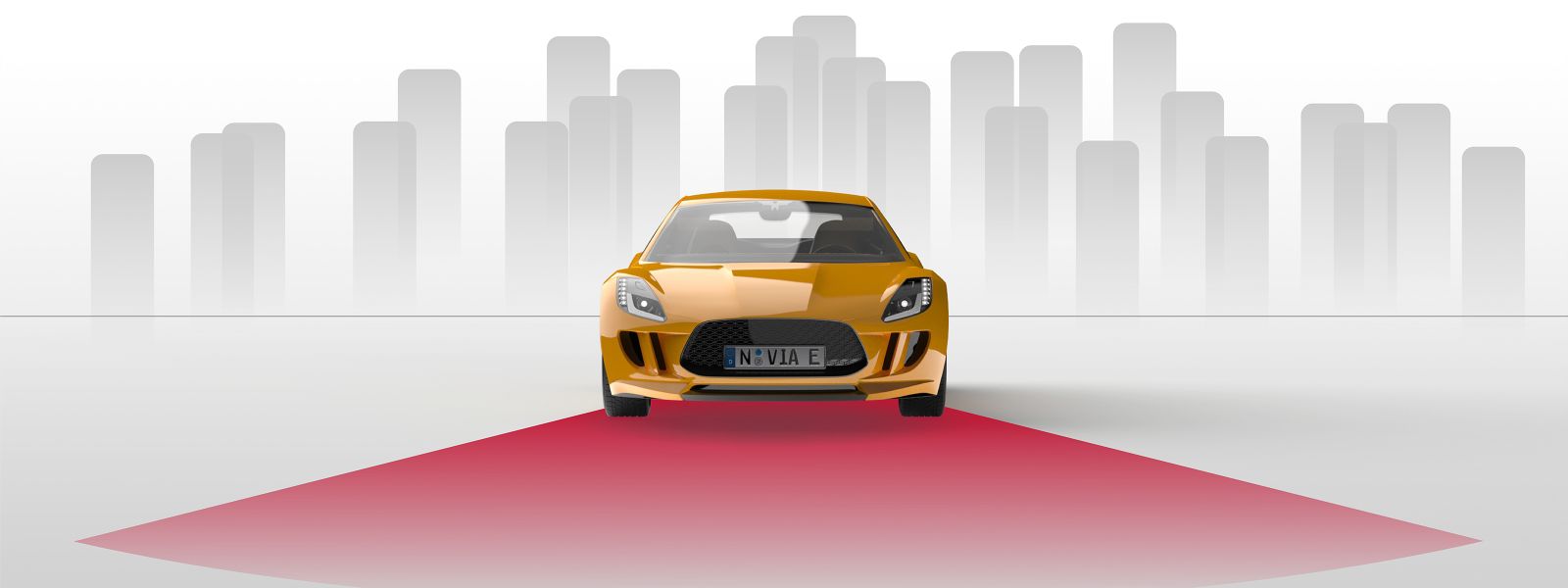 VIA optronics Field of View for Automotive Cameras, A Car in Front of a City Silhoutte with Field of View in Front
