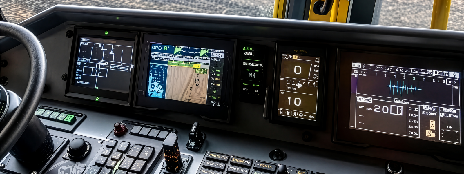 Close-up of a construction vehicle cockpit with a digital HMI display