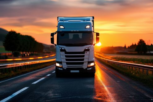 Weißer Lkw auf einer offenen Straße vor einer eindrucksvollen Sonnenuntergangskulisse