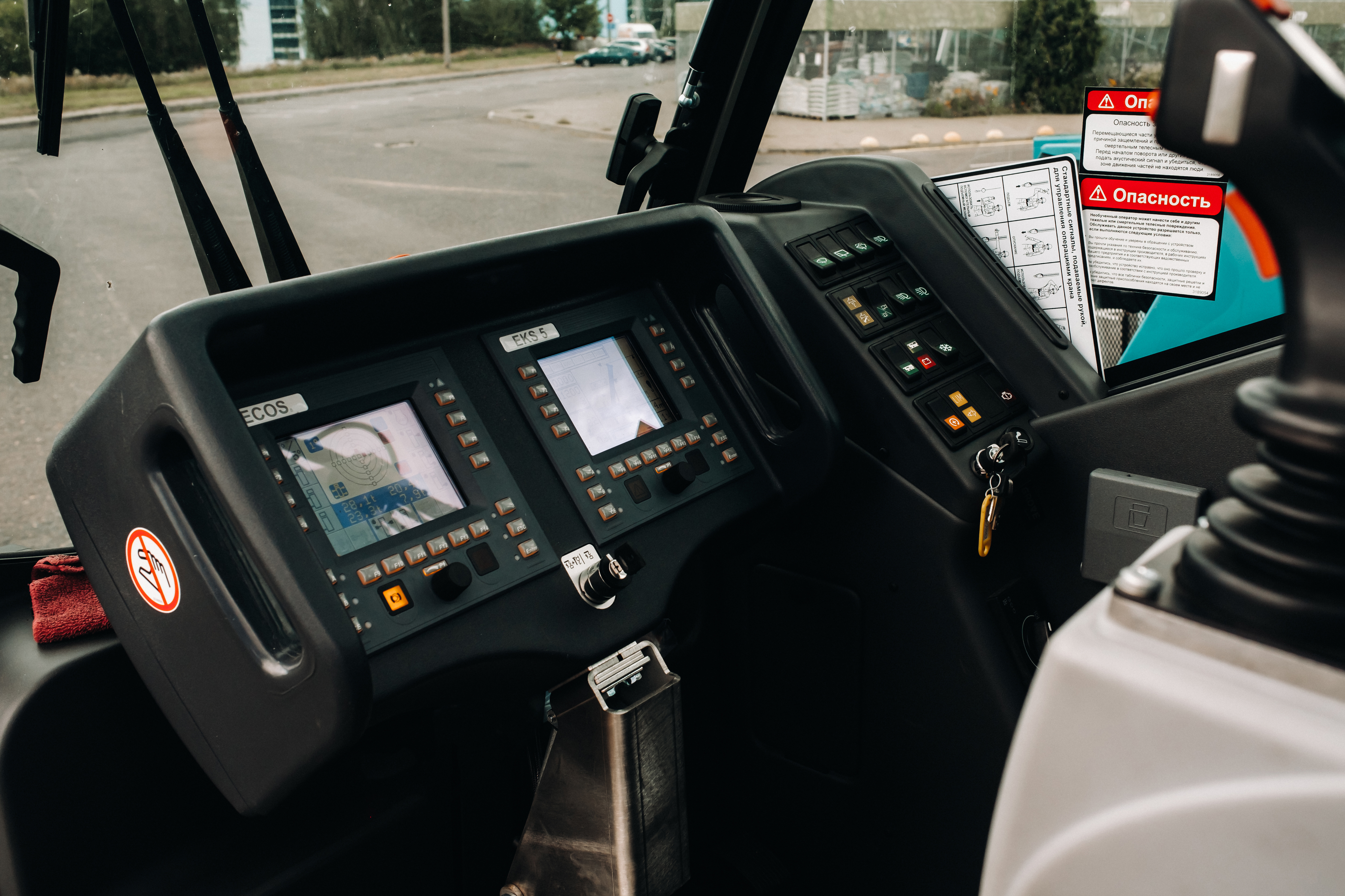 Interior of a construction vehicle with modern HMI and controls