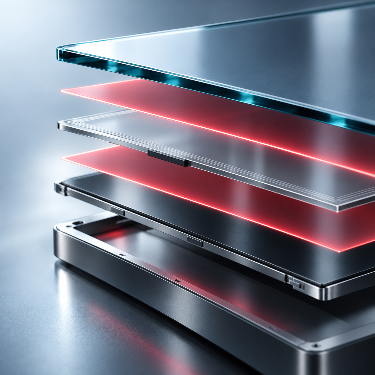 Schematic representation of a multi-layer display structure with transparent and functional layers.