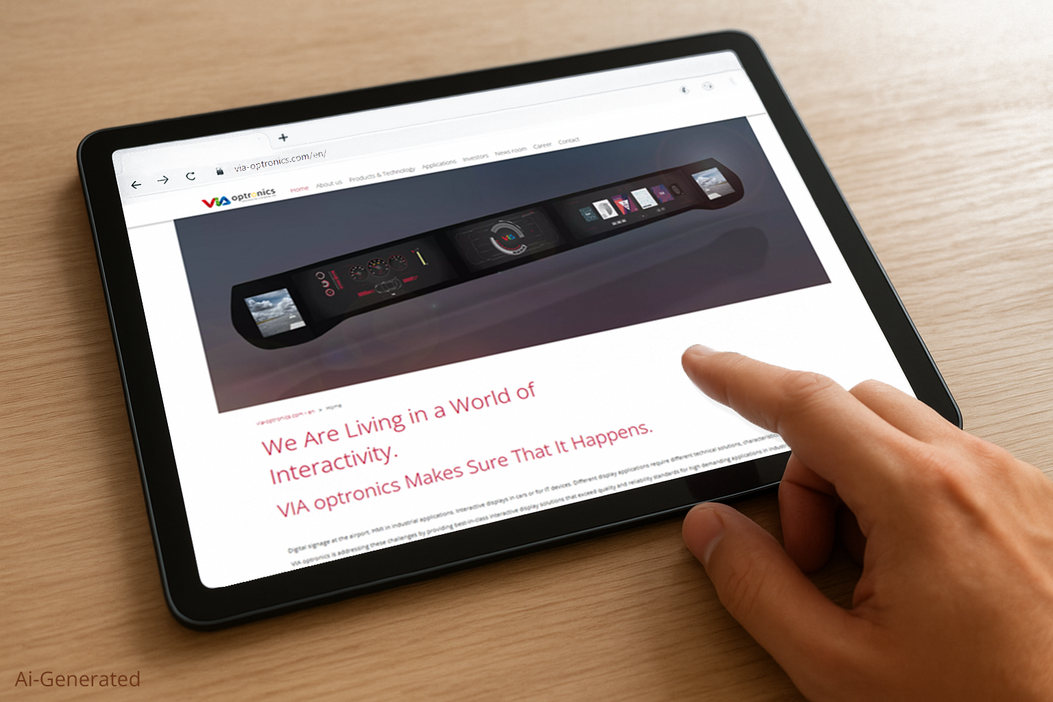 Eine Hand klickt auf einem Tablet, welches die die VIA optronics Website zeigt.