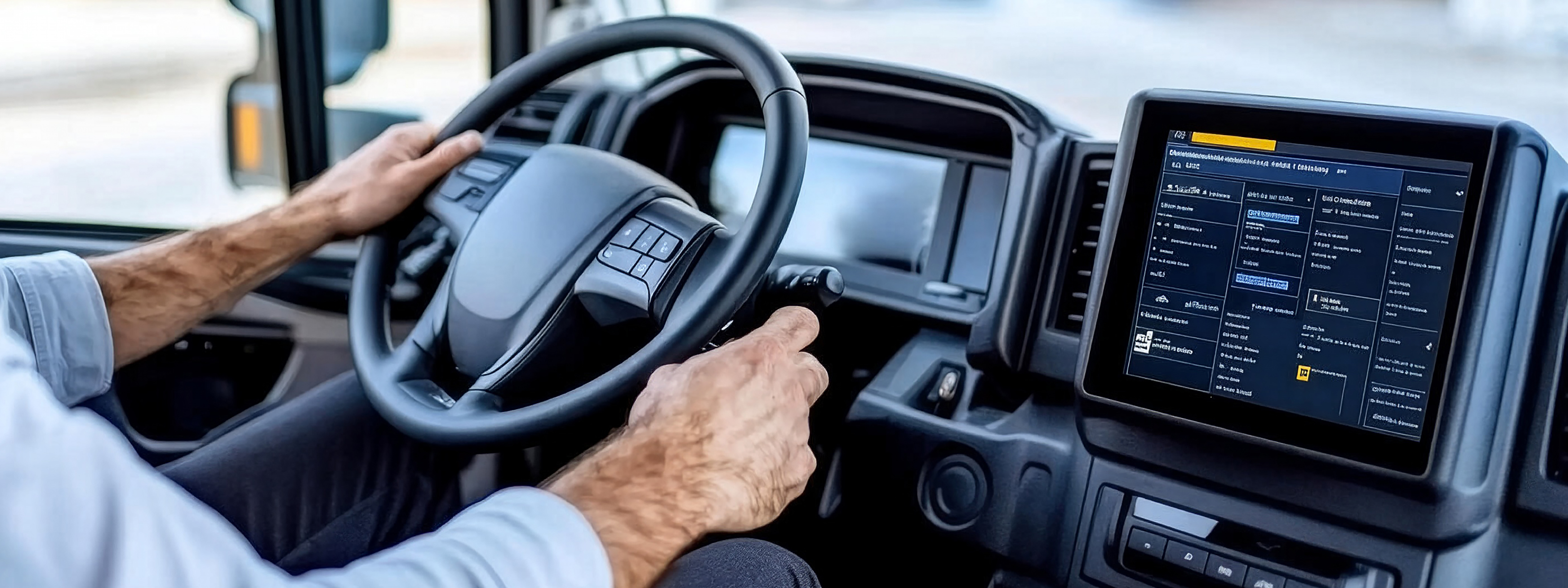 Lkw-Fahrer nutzt ein Tablet im digitalen Cockpit eines Nutzfahrzeugs